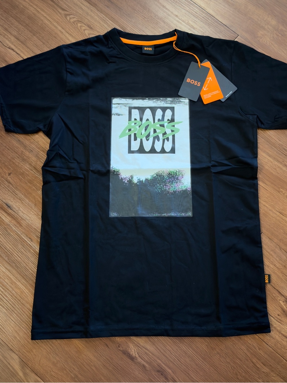 BOSS Men's Black Graphic Logo Tee with Green Accent